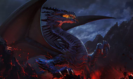 HD fantasy PC desktop wallpaper featuring a fierce dragon with glowing lava-like scales against a dark, mountainous night sky.