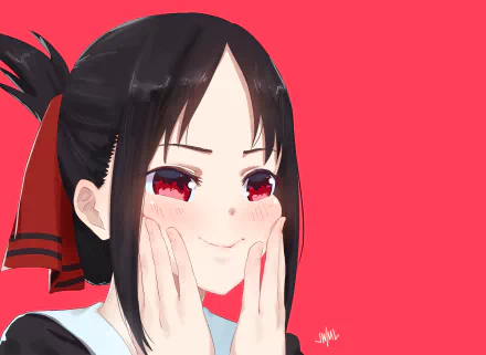 Close-up of Kaguya Shinomiya from Kaguya-sama: Love is War with black hair, red eyes, and a blush on her face against a solid red background in HD.