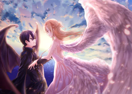 Asuna Yuuki and Kazuto Kirigaya (Kirito) from Sword Art Online share a tender moment with glowing wings against a vibrant sky, depicted in this HD anime desktop wallpaper.