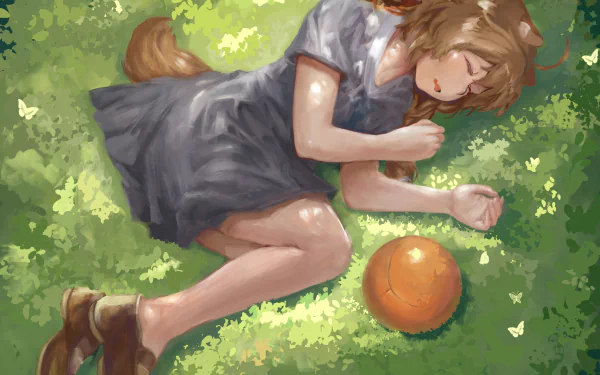 Raphtalia from The Rising of the Shield Hero rests peacefully on grass beside an orange ball in this vibrant 4K Ultra HD anime desktop wallpaper.