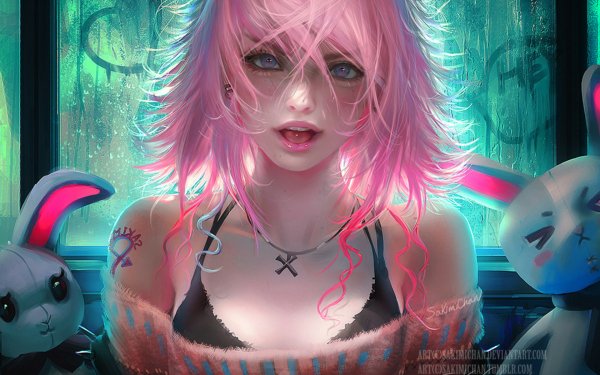 Fantasy Women Pink Hair Rabbit Tattoo Purple Eyes HD Wallpaper | Background Image
