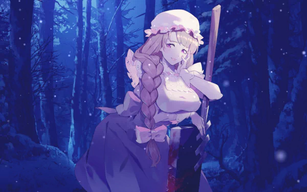 HD anime desktop wallpaper featuring Macrophage from Cells at Work! in a serene, blue-lit forest setting, blending vibrant character art with a detailed natural background.