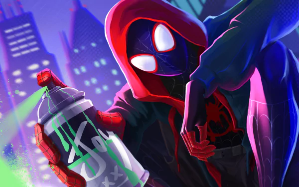 HD desktop wallpaper featuring Miles Morales as Spider-Man in a vibrant scene from 'Spider-Man: Into The Spider-Verse', holding a spray paint can.