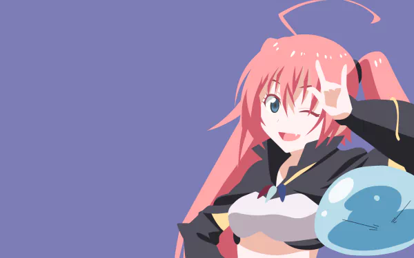 Minimalist HD desktop wallpaper featuring Milim Nava from the anime That Time I Got Reincarnated as a Slime. Milim is winking with a cheerful expression against a solid purple background.