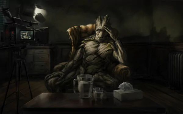 A dark, detailed 4K Ultra HD PC desktop wallpaper depicting Groot from Guardians of the Galaxy sitting pensively in an armchair in a dimly lit room.