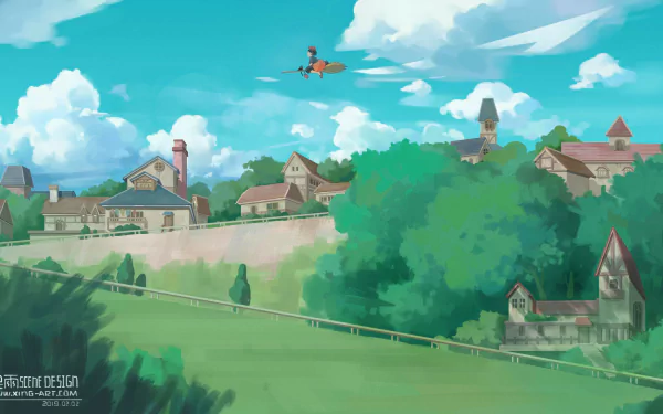 Scenic HD PC desktop wallpaper from the anime Kiki's Delivery Service, featuring Kiki flying on her broom over a charming town under a bright blue sky.