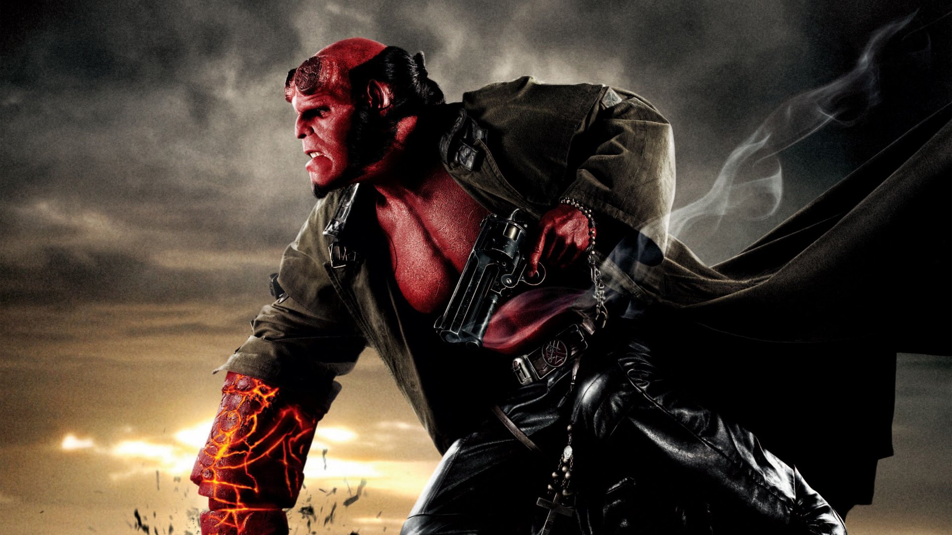 HD PC desktop wallpaper featuring Hellboy from the movie Hellboy II: The Golden Army, showcasing the character in a dynamic pose with glowing arm and dark atmospheric background.