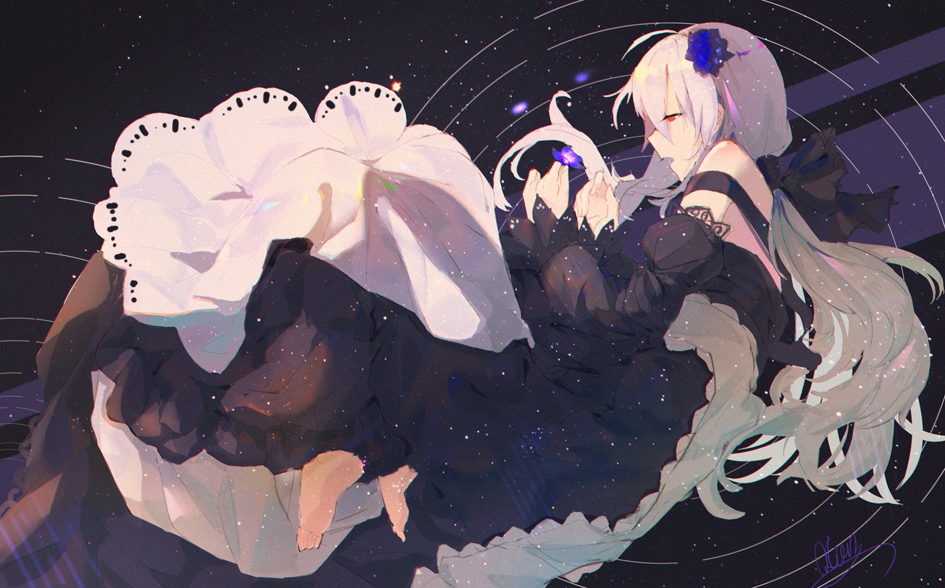 HD PC desktop wallpaper featuring an anime character from Fate/Grand Order with long silver hair, dressed in a detailed black and white outfit against a cosmic background.
