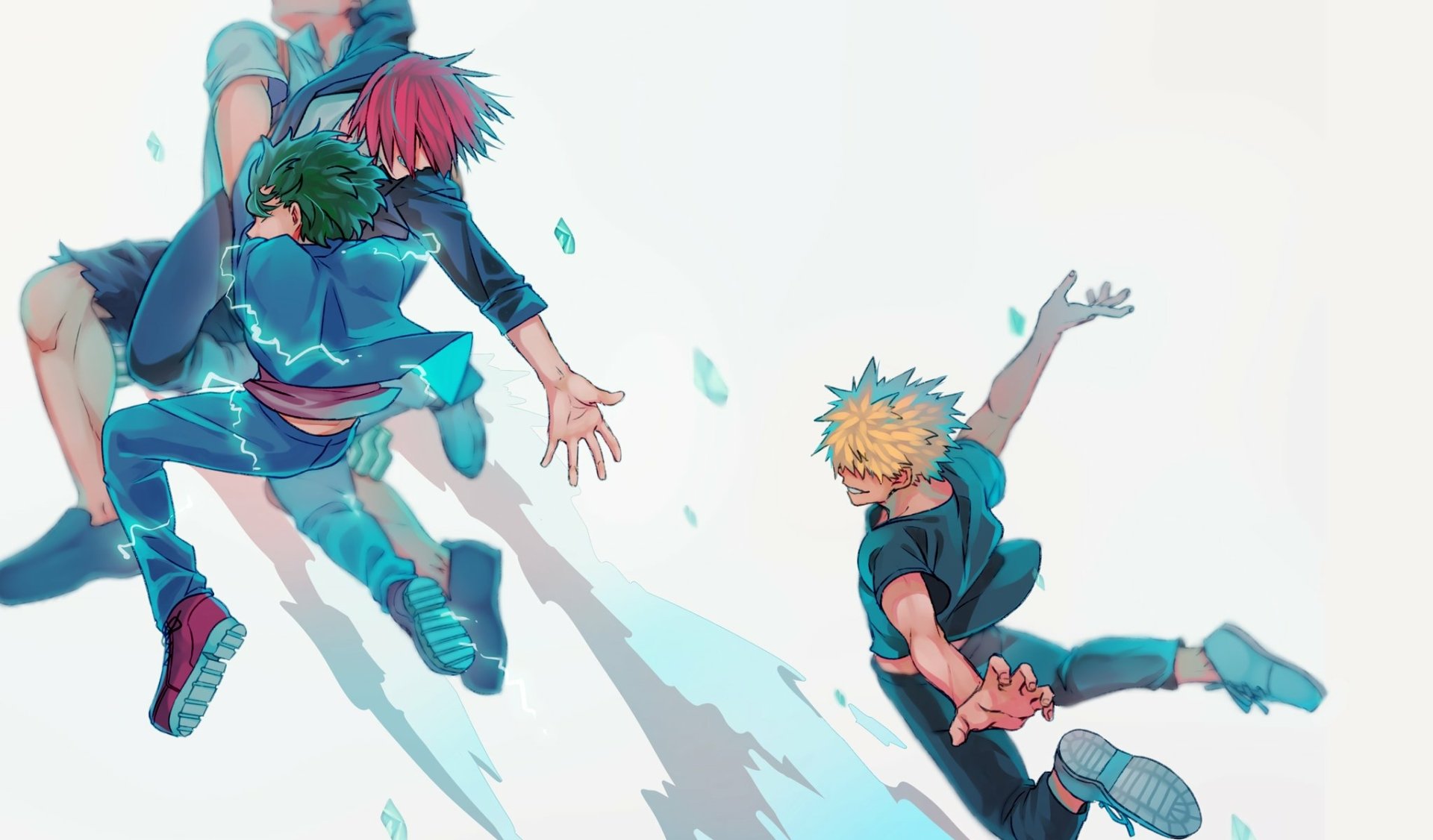 HD desktop wallpaper featuring Tenya Iida, Shoto Todoroki, Izuku Midoriya, and Katsuki Bakugou from the anime My Hero Academia in dynamic action poses.