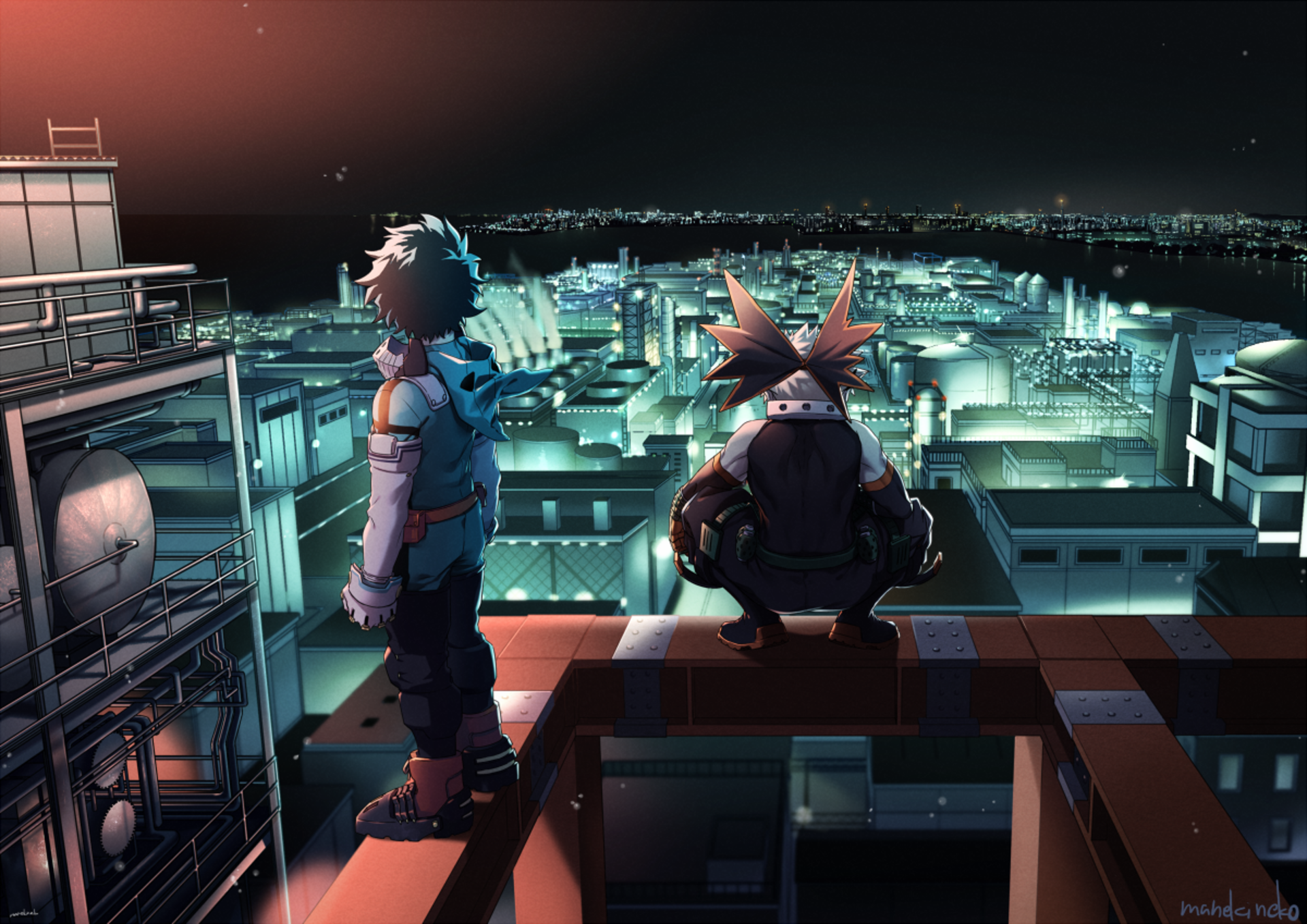 HD desktop wallpaper featuring Izuku Midoriya and Katsuki Bakugou from My Hero Academia, overlooking a brightly lit cityscape from a rooftop at night.