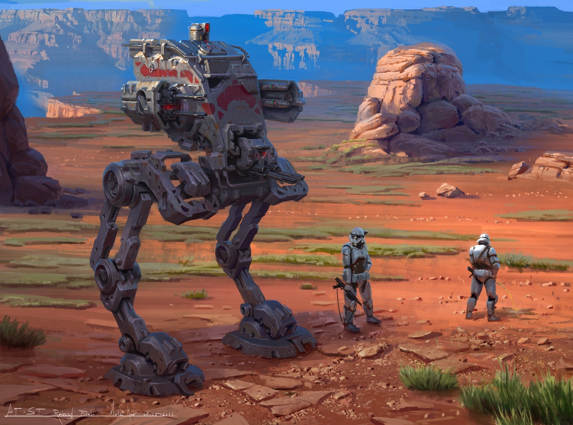 HD PC wallpaper featuring a Star Wars AT-ST robot and stormtroopers in a desert landscape with rocky formations, blending sci-fi and humor elements.