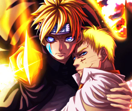 HD anime desktop wallpaper featuring Boruto Uzumaki with glowing Jōgan eyes and Naruto Uzumaki in Hokage attire, highlighting their strong bond from the Naruto series.