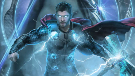 A HD desktop wallpaper featuring superhero Thor, played by Chris Hemsworth, from the movie Avengers EndGame, showcasing Thor with glowing eyes and holding his hammer amidst lightning.