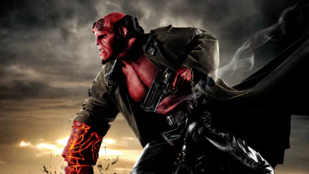 HD PC desktop wallpaper featuring Hellboy from the movie Hellboy II: The Golden Army, showcasing the character in a dynamic pose with glowing arm and dark atmospheric background.