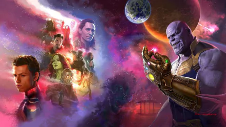 HD desktop wallpaper featuring Marvel characters Thanos, Spider-Man, Doctor Strange, Vision, Black Panther, Falcon, Loki, Mantis, Gamora, Star-Lord, and Nick Fury from the movie Avengers: Infinity War.