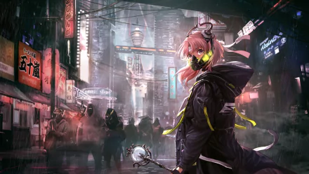 A high-definition anime desktop wallpaper featuring a character in a dark, futuristic cityscape, wearing a mask and holding a staff, with neon lights and towering buildings in the background.
