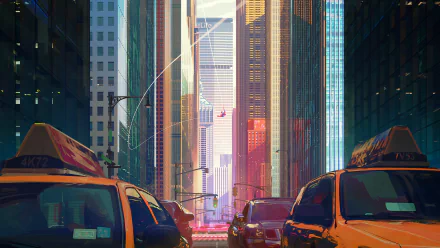 HD desktop wallpaper of Spider-Man swinging through a cityscape, inspired by the movie Spider-Man: Into The Spider-Verse. Yellow taxis and towering buildings are vividly depicted.