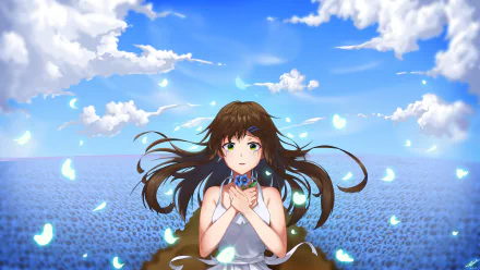 Anime-style original artwork of a crying girl with brown and green eyes, set against a vast blue floral field under a bright sky, rendered in 8K Ultra HD.