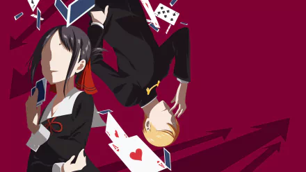 Minimalist HD desktop wallpaper featuring Miyuki Shirogane and Kaguya Shinomiya from the anime Kaguya-sama: Love is War. The characters are surrounded by playing cards against a maroon background.