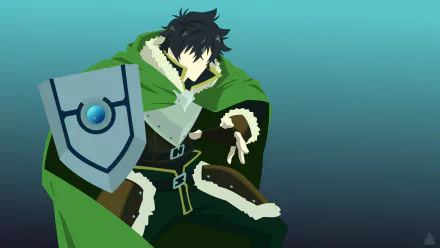 HD desktop wallpaper featuring Naofumi Iwatani from the anime The Rising of the Shield Hero, depicted in his iconic green cloak and holding his distinctive shield against a blue gradient background.