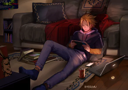 HD desktop wallpaper of Denki Kaminari from My Hero Academia, lying on the floor in a dimly lit room, playing a handheld game console with books, a laptop, and a soda can around him.