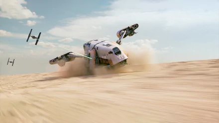 HD desktop wallpaper featuring a thrilling Star Wars scene with a TIE Fighter and other spaceships racing across a sandy desert under a blue sky. Sci-fi action beautifully captured.