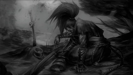 HD PC desktop wallpaper featuring Yasuo from the video game League of Legends in a dramatic, monochrome scene with his sword planted in the ground.