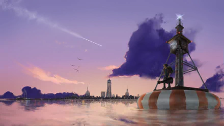 HD anime wallpaper featuring an original scene with a buoy on reflective water, a person gazing towards a city skyline at sunset, and a meteor streaking across the twilight sky.