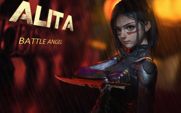 HD desktop wallpaper and background featuring Alita from the movie Alita: Battle Angel, with Alita holding a weapon and a fierce expression under a rainy, dramatic backdrop.