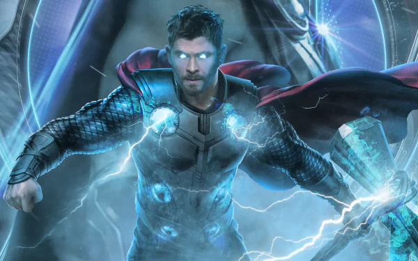 A HD desktop wallpaper featuring superhero Thor, played by Chris Hemsworth, from the movie Avengers EndGame, showcasing Thor with glowing eyes and holding his hammer amidst lightning.