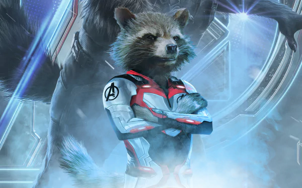 HD desktop wallpaper of Rocket Raccoon from the movie Avengers: Endgame, featuring him in his Avengers suit with a futuristic background.