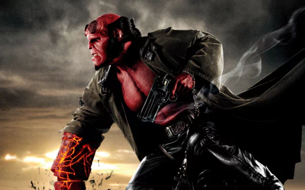 HD PC desktop wallpaper featuring Hellboy from the movie Hellboy II: The Golden Army, showcasing the character in a dynamic pose with glowing arm and dark atmospheric background.