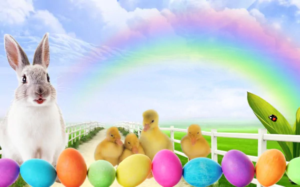 HD desktop wallpaper featuring a rabbit, ducklings, colorful Easter eggs, and a vibrant rainbow under a bright sky, celebrating the Easter holiday.
