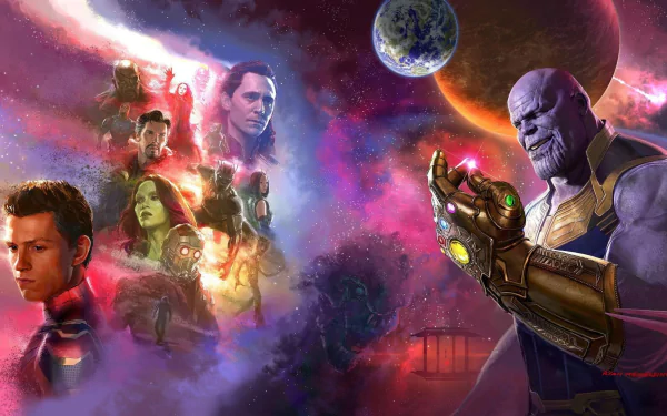HD desktop wallpaper featuring Marvel characters Thanos, Spider-Man, Doctor Strange, Vision, Black Panther, Falcon, Loki, Mantis, Gamora, Star-Lord, and Nick Fury from the movie Avengers: Infinity War.