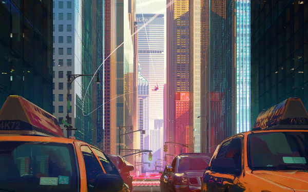 HD desktop wallpaper of Spider-Man swinging through a cityscape, inspired by the movie Spider-Man: Into The Spider-Verse. Yellow taxis and towering buildings are vividly depicted.