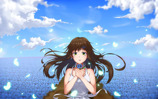 Anime-style original artwork of a crying girl with brown and green eyes, set against a vast blue floral field under a bright sky, rendered in 8K Ultra HD.