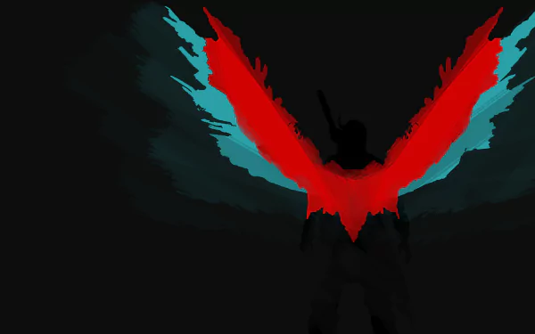 4K Ultra HD PC wallpaper featuring stylized red and blue wings from the video game Devil May Cry 5 on a dark background.