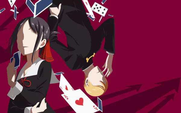 Minimalist HD desktop wallpaper featuring Miyuki Shirogane and Kaguya Shinomiya from the anime Kaguya-sama: Love is War. The characters are surrounded by playing cards against a maroon background.