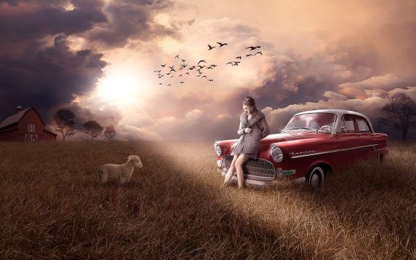 Fantasy Women Sad Lamb Field Car HD Wallpaper | Background Image
