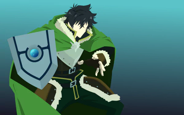 HD desktop wallpaper featuring Naofumi Iwatani from the anime The Rising of the Shield Hero, depicted in his iconic green cloak and holding his distinctive shield against a blue gradient background.