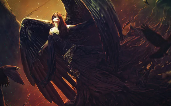 A dark angel with expansive black wings soars amid swirling shadows and fiery light, captured in vivid 4K Ultra HD fantasy art for a PC desktop wallpaper.