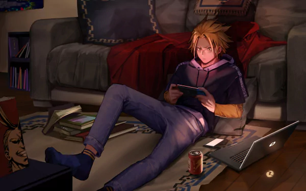 HD desktop wallpaper of Denki Kaminari from My Hero Academia, lying on the floor in a dimly lit room, playing a handheld game console with books, a laptop, and a soda can around him.