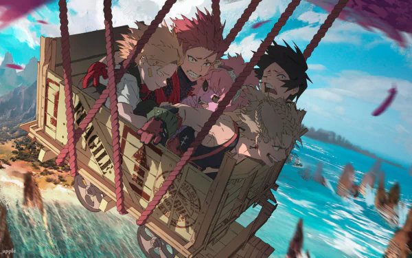 HD PC desktop wallpaper of My Hero Academia: Hanta Sero, Denki Kaminari, Katsuki Bakugou, Mina Ashido and Eijiro Kirishima laughing together in a swinging wooden cart over a bright ocean.