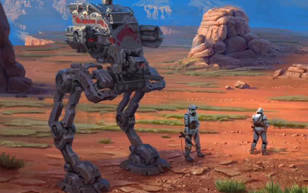 HD PC wallpaper featuring a Star Wars AT-ST robot and stormtroopers in a desert landscape with rocky formations, blending sci-fi and humor elements.