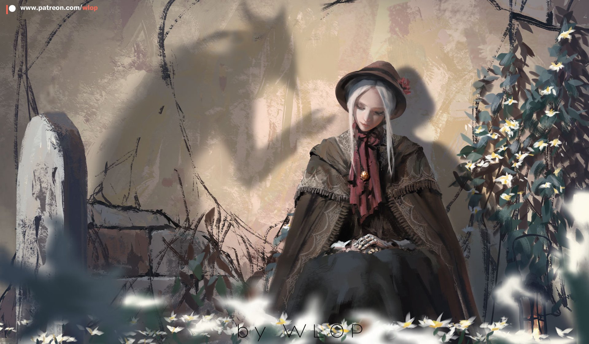 HD desktop wallpaper featuring a Bloodborne character sitting in a garden with a demon's shadow on the wall behind her.