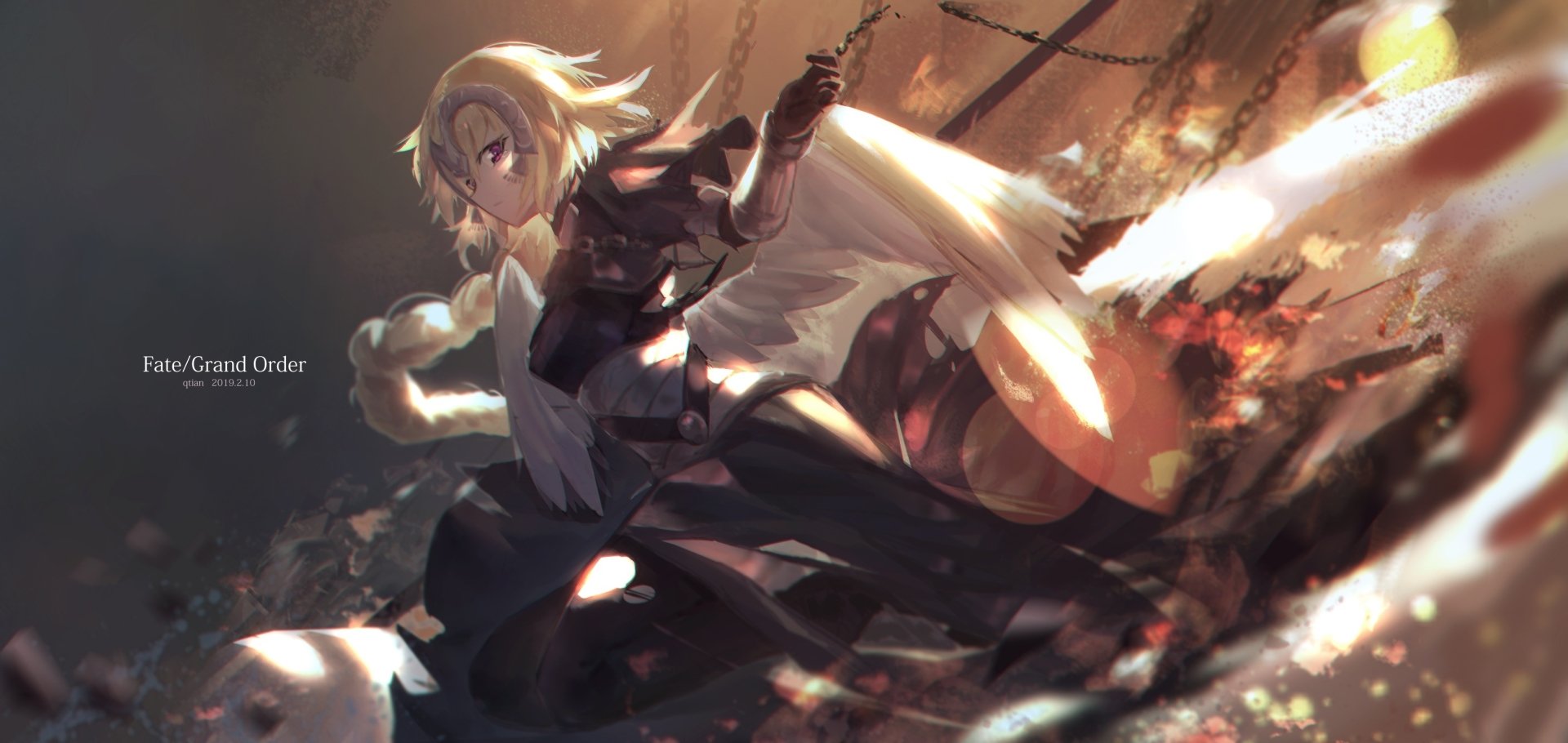 HD anime wallpaper featuring Ruler Jeanne d'Arc from Fate/Grand Order in dynamic, fiery battle pose with dramatic lighting and detailed background.