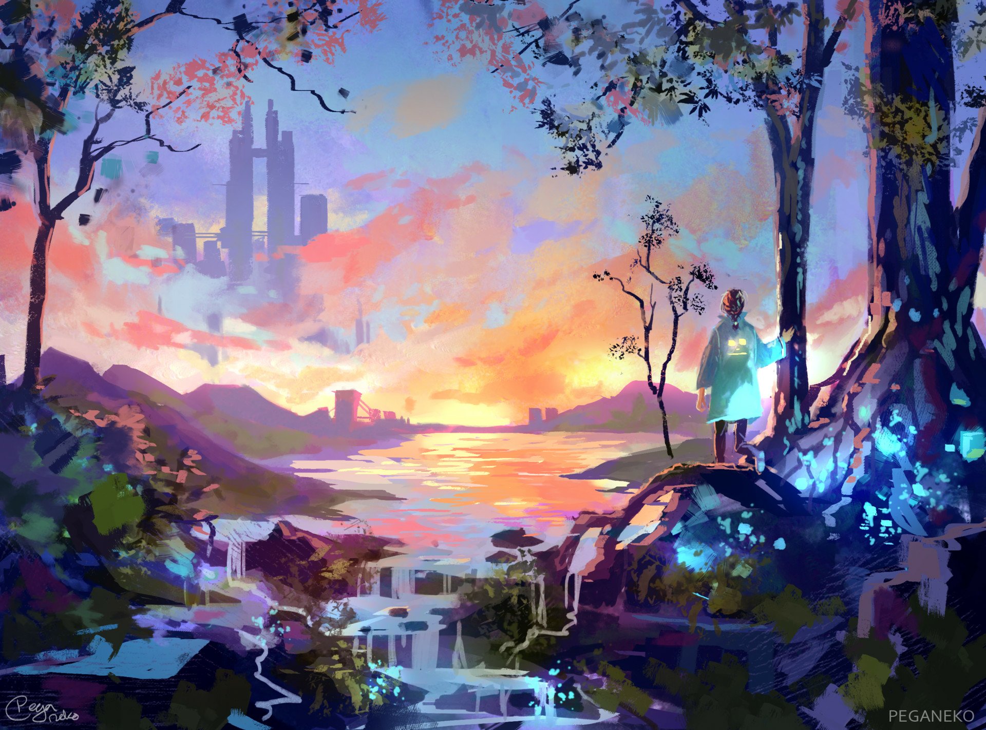 Artistic landscape HD desktop wallpaper depicting a vibrant sunset over a futuristic city skyline with glowing trees and two figures overlooking the scene.