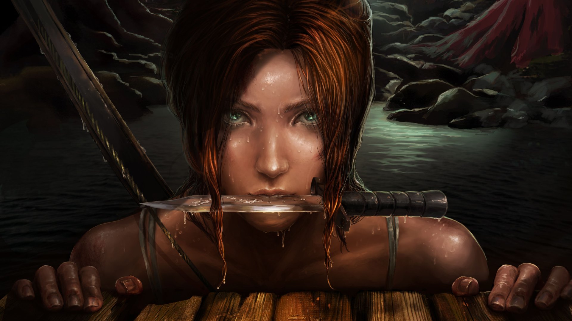 Download Knife Face Aqua Eyes Red Hair Lara Croft Video Game Tomb Raider 4k Ultra HD Wallpaper