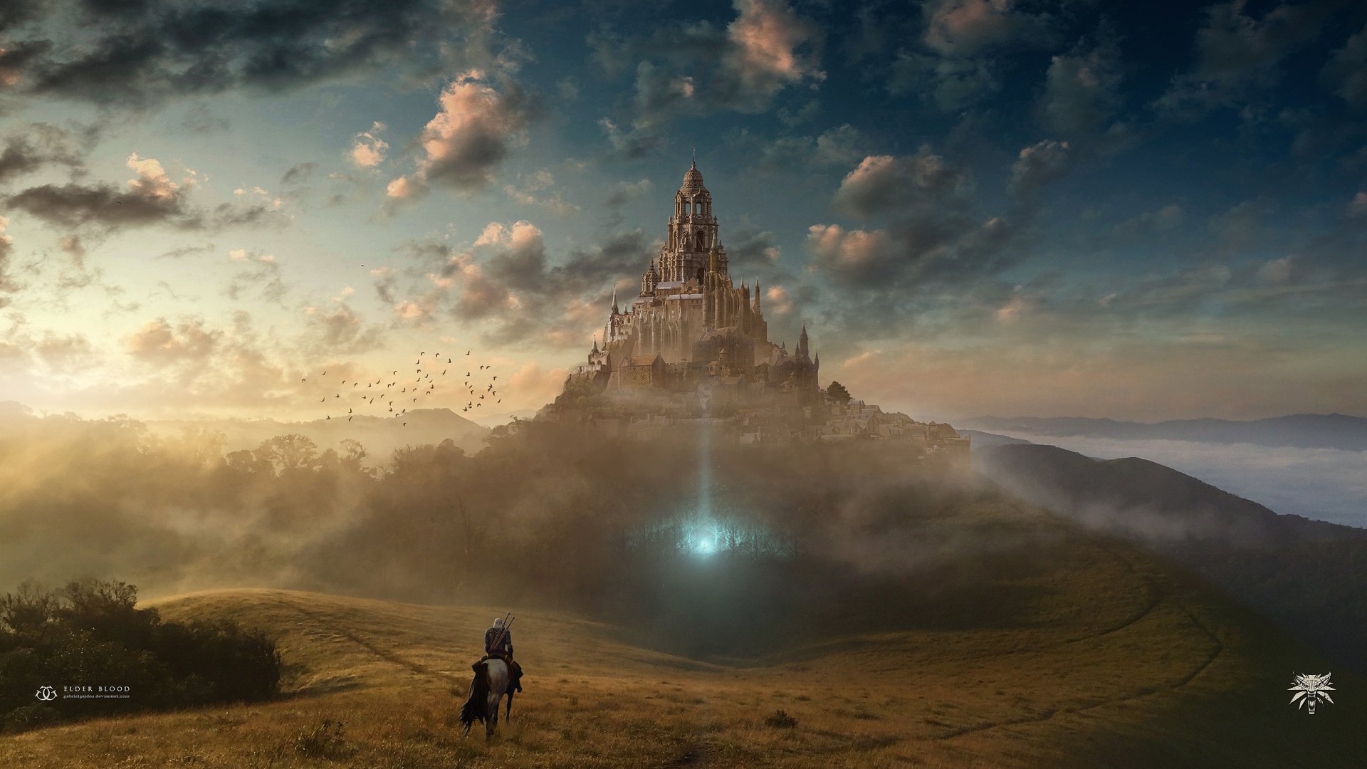 HD desktop wallpaper featuring Geralt of Rivia from The Witcher 3: Wild Hunt, riding towards a mystical castle shrouded in mist at sunset.