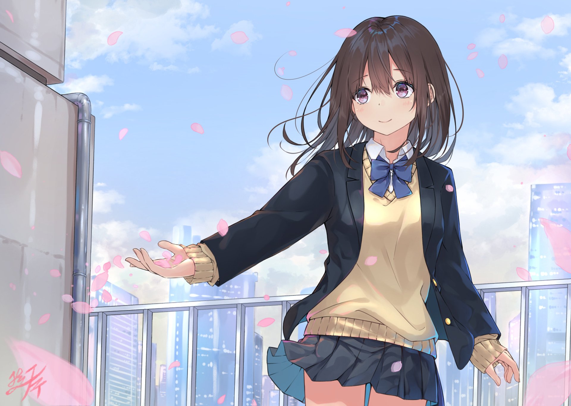 HD anime-style original artwork of a girl with dark hair in school uniform standing outdoors with cherry blossom petals floating around, designed as a PC desktop wallpaper.